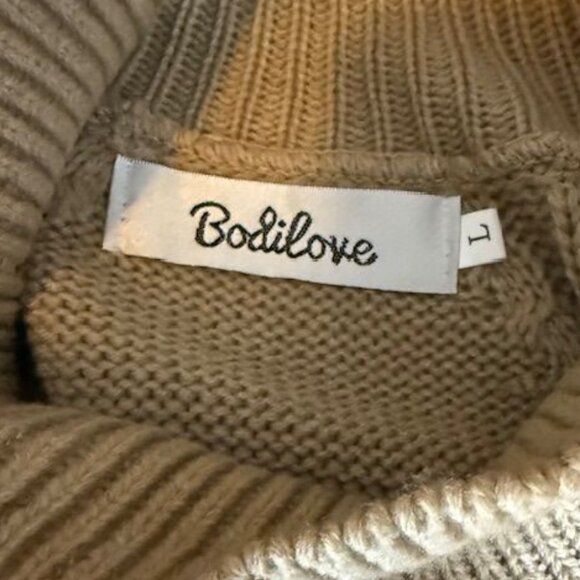 NWOT Bodilove Khaki Tan Cotton Blend Modern Cable Knit Tie Bow Sleeve Sweater - Picture 15 of 16